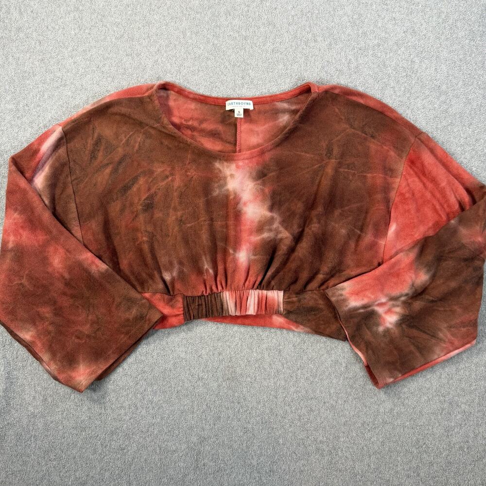 Earthbound Trading Co Women's Small Tie Dye Crop Top Red Brown Long Sleeve
